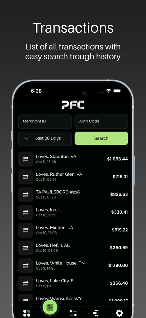 Pro Fuel Card - Transaction history screen of the Pro Fuel Card app showing fuel station purchases and search options