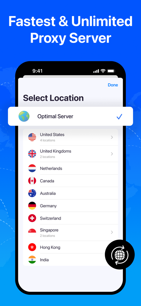 Captura de pantalla de la aplicación VPN Proxy Master que muestra una lista de ubicaciones de servidores globales, incluyendo EE. UU., Reino Unido y Canadá en un iPhone.