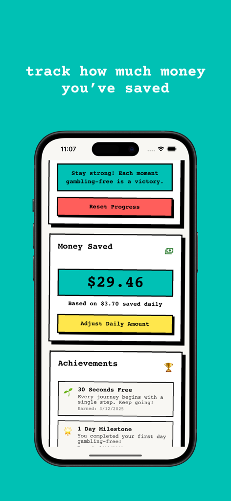 ストップギャンブルアプリのスクリーンショットで、節約した金額トラッカーと節制の達成状況が表示されています