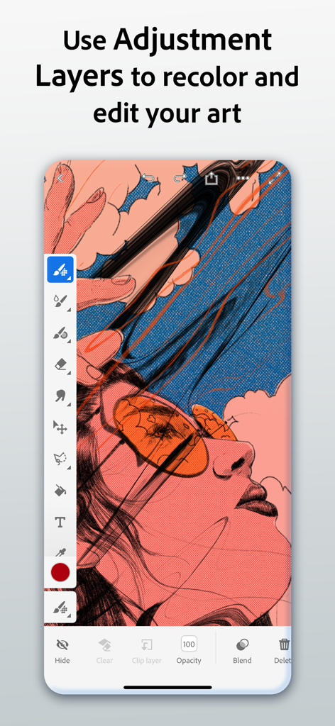 Adobe Fresco: Draw & Paint App - Adobe Fresco interface showing how to use adjustment layers to recolor digital art on a mobile device.