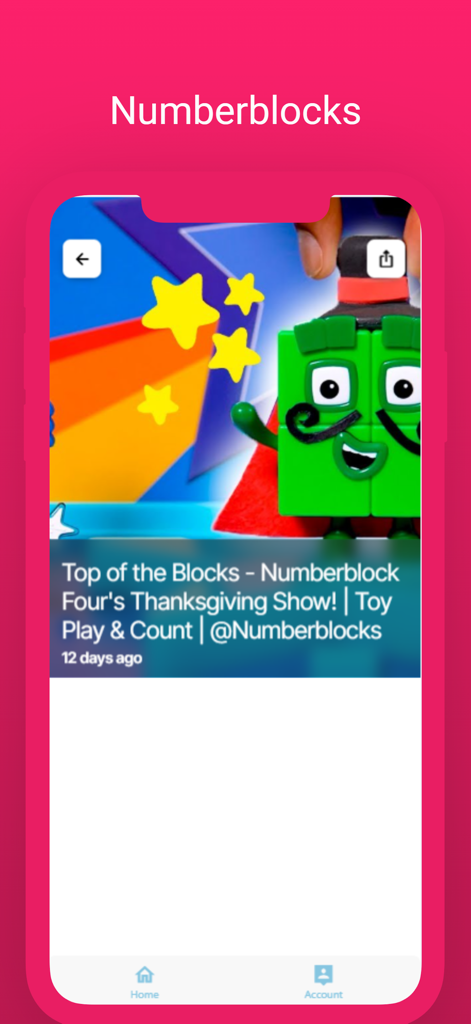 キャラクターNumberblock Fourが登場する教育的なビデオレッスンが表示されているNumberblocksアプリの画面