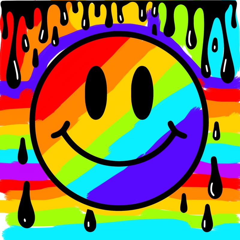 smiley face with drippy black and white background