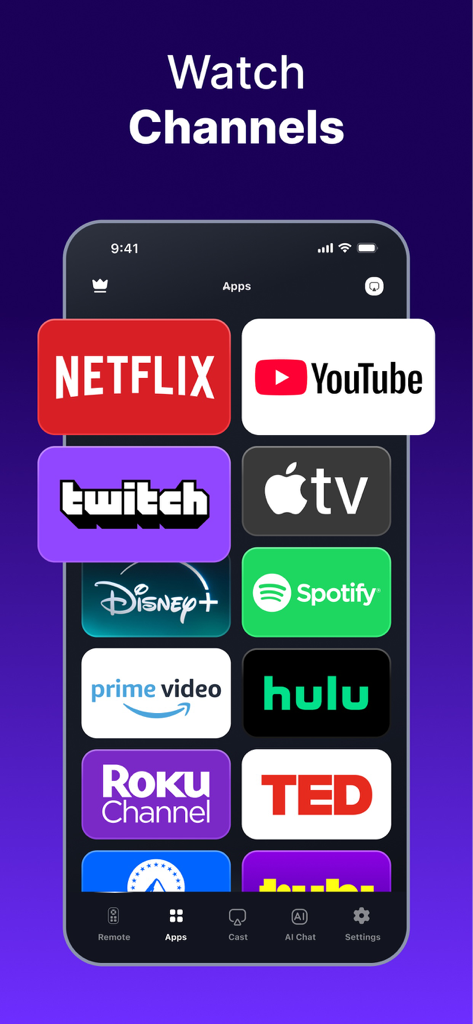 TV Remote Pro & Screen Mirror - TV remote app screen showing a grid of streaming service icons like Netflix and YouTube