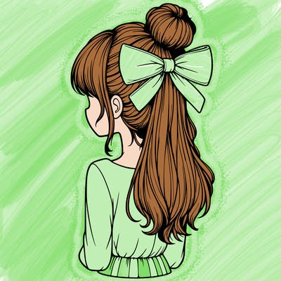 realistic girl  with hip length hair a bun and a big bow on the back of head