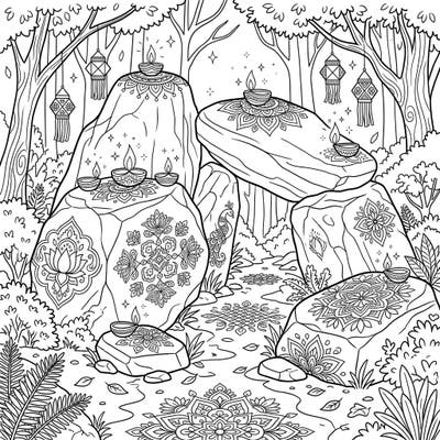 Step into a magical forest where ancient rocks are adorned for the Diwali festival of lights. This unique coloring page blends natural beauty with vibrant cultural celebration, perfect for all ages.