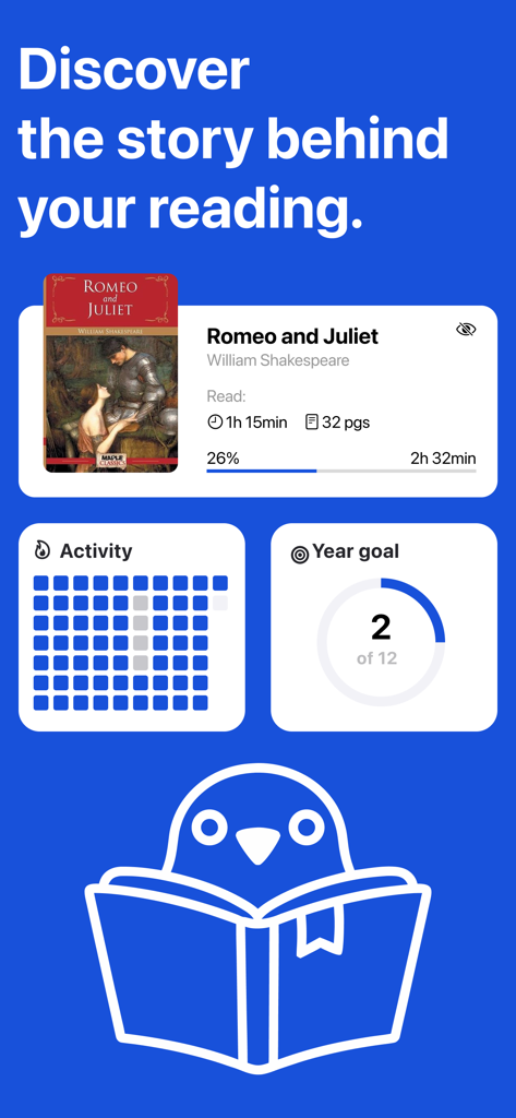 Readgio app interface showing reading progress for Romeo and Juliet, a daily activity grid, and a yearly reading goal tracker.