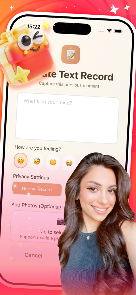 Lureta app interface for creating a private text record with mood emojis and photo options