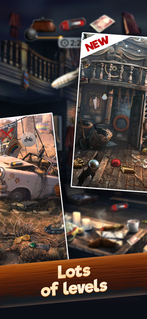 Hidden Objects: Find them all - A showcase of multiple levels in the Hidden Objects game featuring detailed scenes like a vintage car and a wooden interior.
