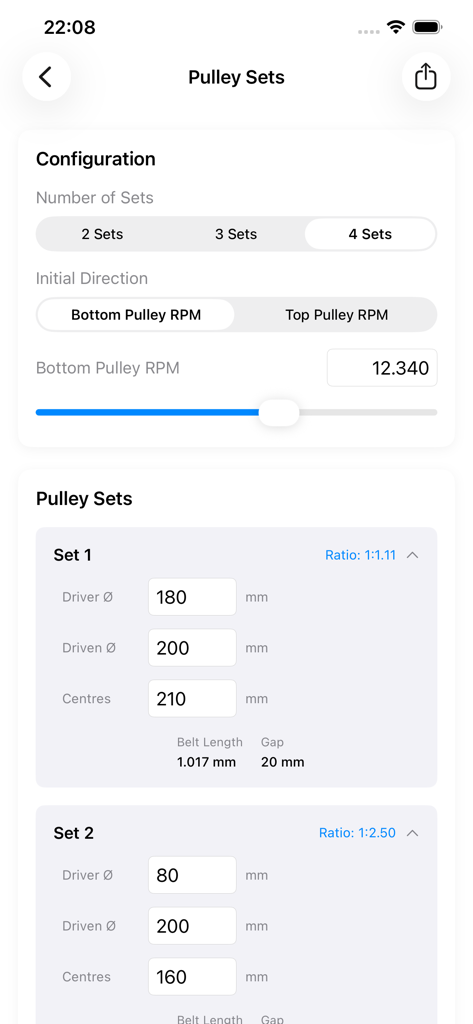 Pulley and Belt Calculator - Interface of the Pulley and Belt Calculator app showing configuration for multiple pulley sets with technical inputs for RPM and diameters