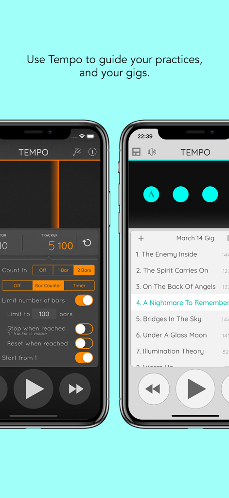 Tempo - Metronome with Setlist - Two iPhones showing the Tempo app with practice tracker settings and a live performance setlist.