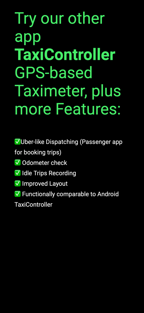 Taximeter-GPS - Lista de funcionalidades avançadas para a aplicação TaxiController, incluindo despacho e verificação de odómetro