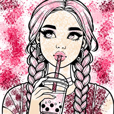 realistic girl with braided hair drinking boba