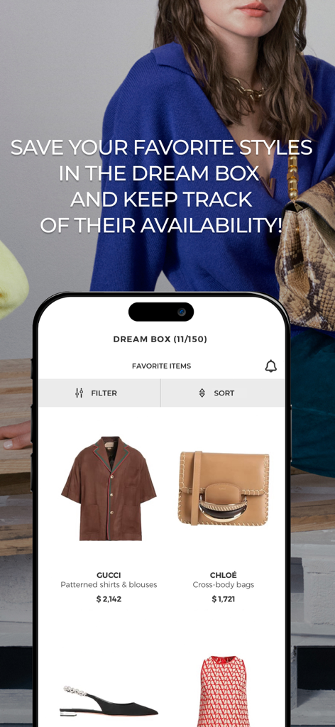YOOX - Mobile phone screen showing the YOOX Dream Box wishlist with luxury designer items.