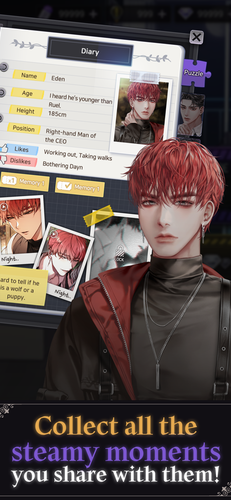 BloodKiss : Vampire romance - A character profile screen of Eden from the BloodKiss game showing his personal details and collectible romantic memories.