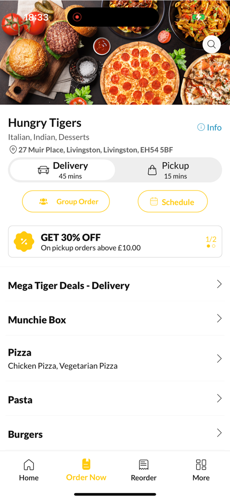 Hungry Tigers - Hungry Tigers Mobile App-Oberfläche mit Lebensmittelkategorien und einem Rabattangebot von dreißig Prozent für Pizza und Burger