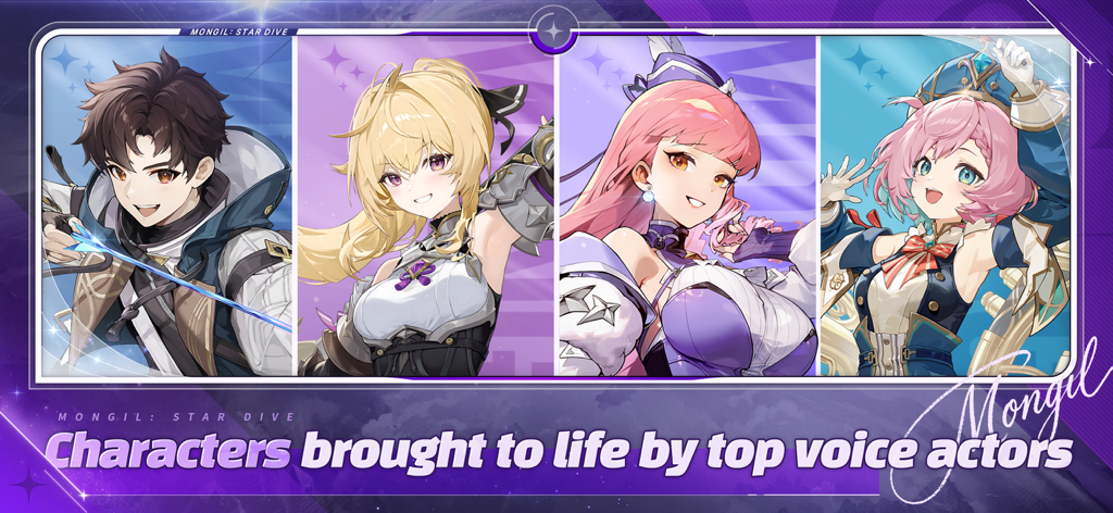 MONGIL: STAR DIVE - A group of four anime style characters from the game MONGIL STAR DIVE with a caption about voice acting