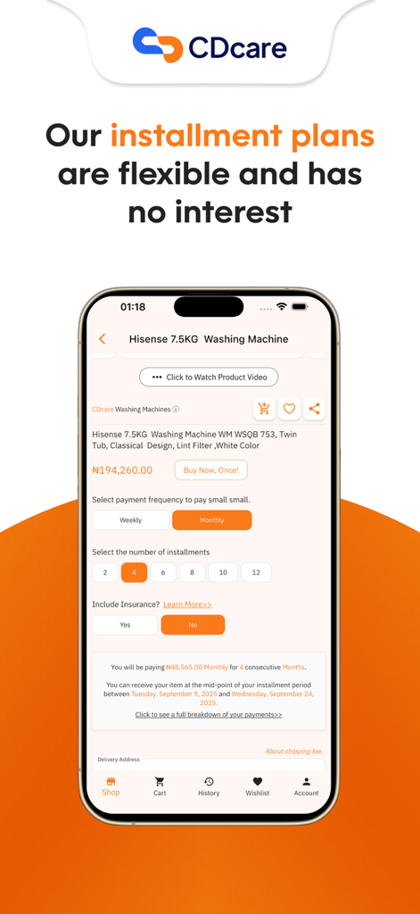 CDcare app screen showing flexible zero interest installment payment options for a washing machine