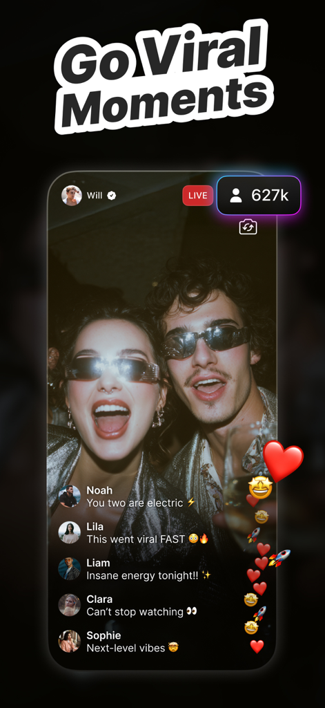 Famefy - Interface do aplicativo Famefy exibindo uma transmissão ao vivo viral simulada com alta contagem de espectadores e comentários de fãs de IA