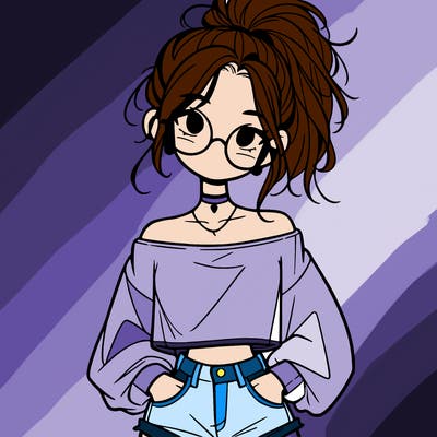 girl with a messy ponytail glasses a baggy crop top and jean shorts