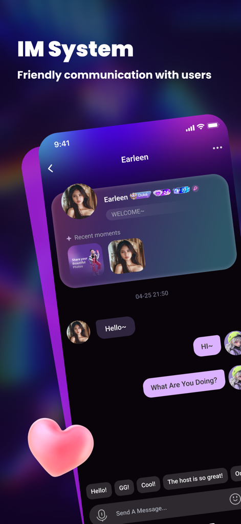 VIVA LIVE - VIVA LIVE App Instant-Messaging-Bildschirm, der einen Chat mit Benutzerprofil und interaktiven Nachrichtenblasen zeigt