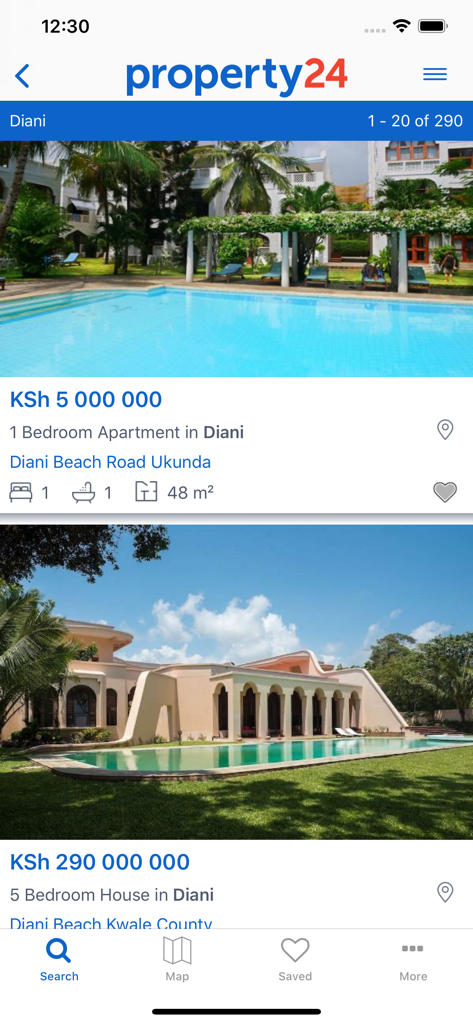 Property24 Kenya - Property24 Kenya mobile app interface displaying real estate property listings in Diani.