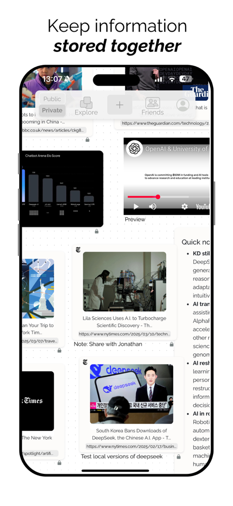 Showcase Co. - Showcase app interface displaying a curated visual grid of news articles, videos, and notes.