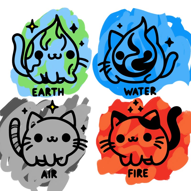 4 cats that represent the different elements, earth, water, air, and fire