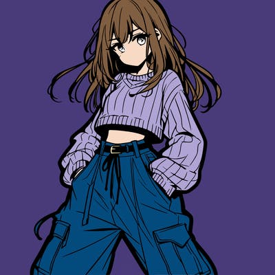 anime teen girl with baggy pants and crop top with sweater