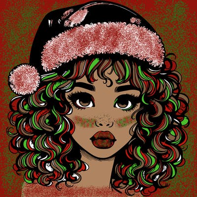 realistic girl with a santa hat curly hair and lips