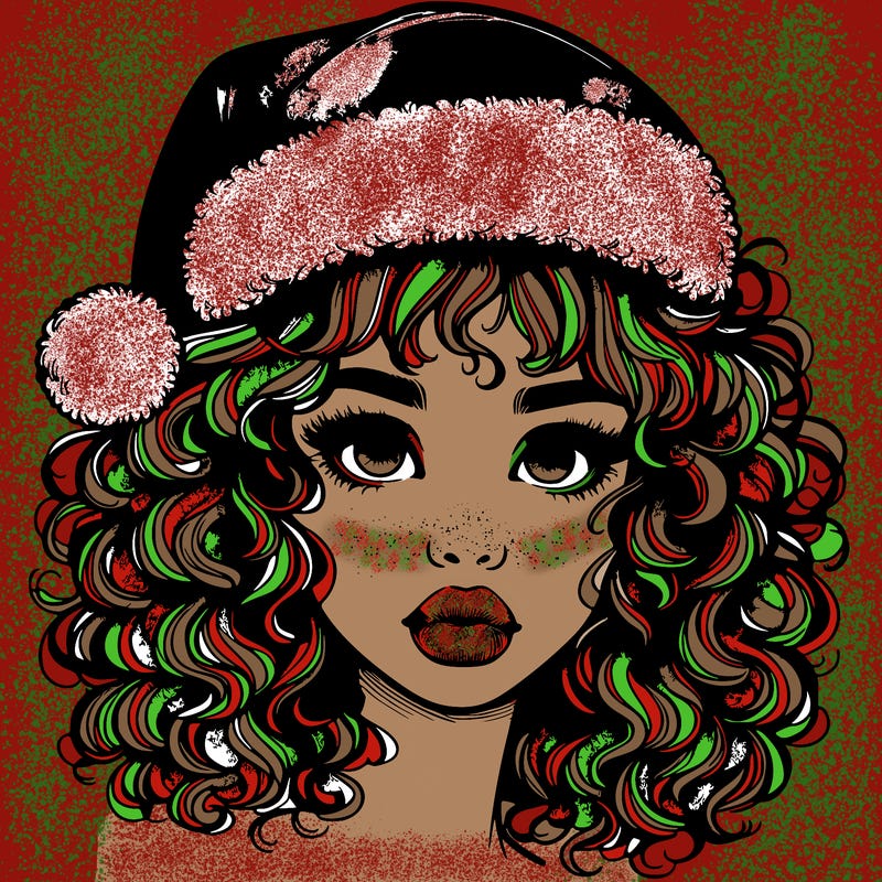 realistic girl with a santa hat curly hair and lips