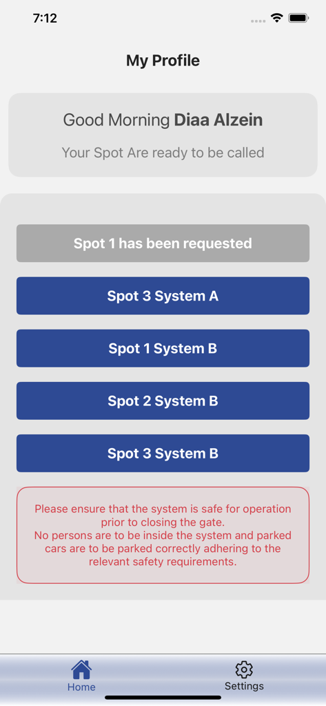 VSpaceParkers - Tableau de bord de l'application VSpace Parkers pour demander des places de stationnement automatisées