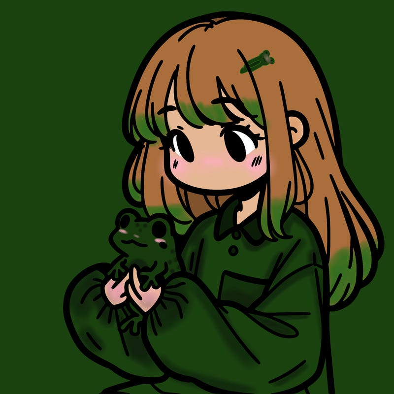girl with long hair and a oversized shirt. and she is holding a frog