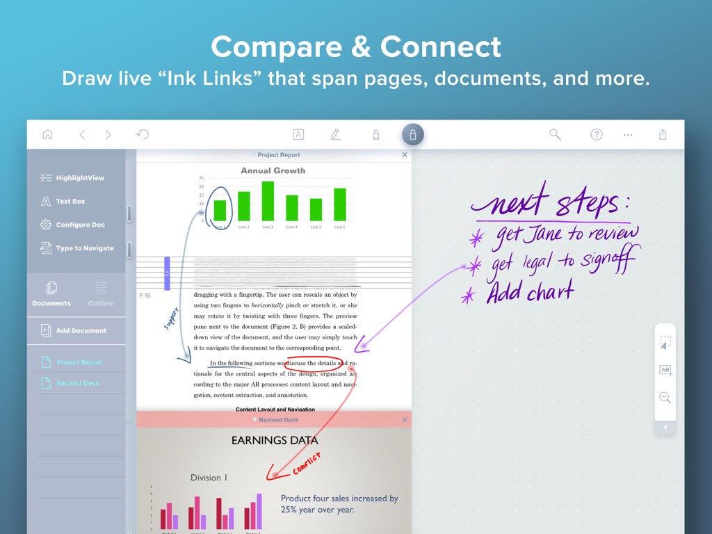 LiquidText app interface showing live ink links connecting charts in a PDF to handwritten project notes.