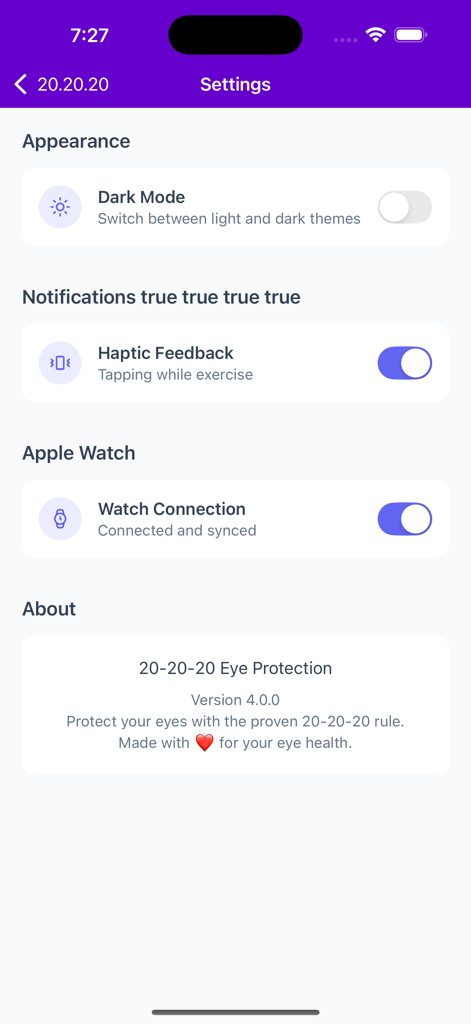 20.20.20: Eye Care & Tracker - Menu delle impostazioni dell'app 20.20.20 per la cura degli occhi con interruttori per modalità scura, feedback aptico e connessione Apple Watch.