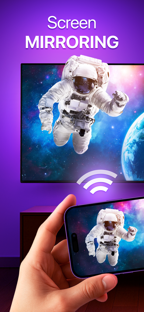 TV Remote for Roku Devices - Une personne utilisant son smartphone pour mettre en miroir une image d'astronaute sur un écran de télévision intelligent.