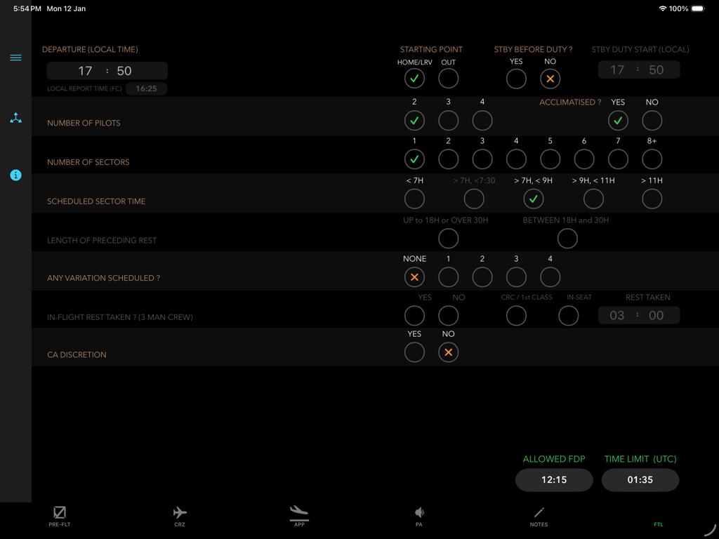 A380 Clipboard - A380 Clipboard app interface showing flight time limitation and duty period calculations.
