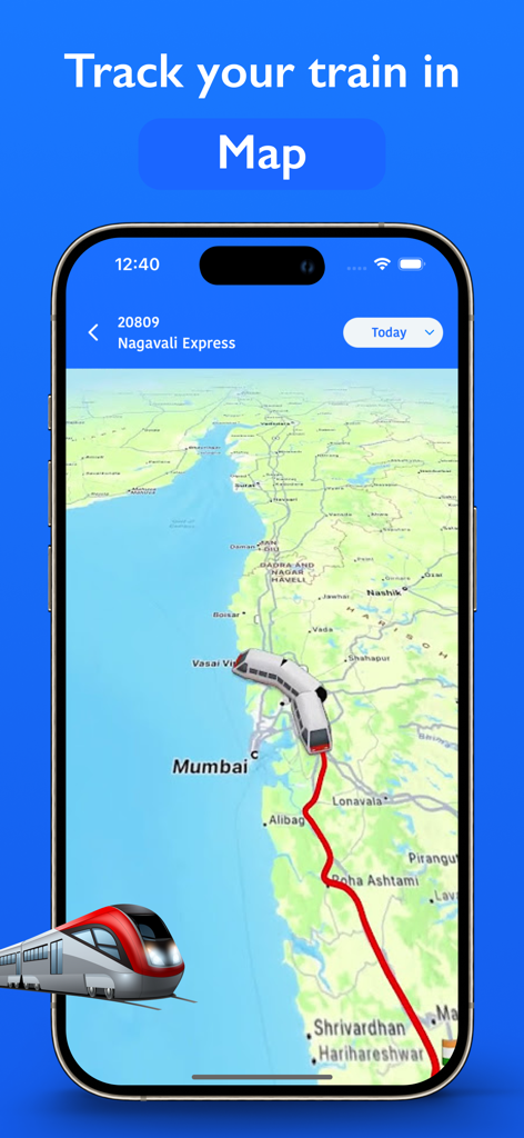 RailOne : Where is my Train - Schermata dello smartphone che mostra la funzione di tracciamento dei treni in tempo reale dell'app RailOne con una vista mappa e il percorso del Nagavali Express vicino a Mumbai.