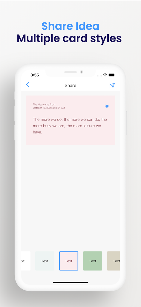 An Idea - Keep track of ideas - A screen from the An Idea app showing an idea shared as a customizable card with different color styles
