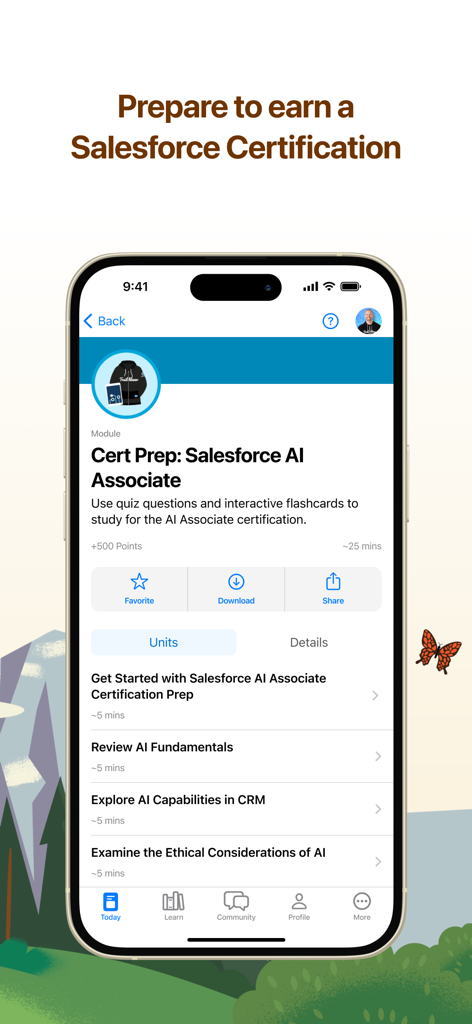 Trailhead GO - Trailhead GO mobile app interface showing a Salesforce AI Associate certification preparation module with units on AI fundamentals and ethical considerations.
