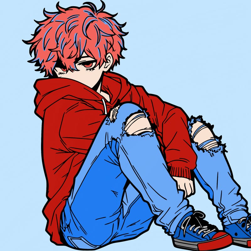 a male hoddie ripped jeans messy hair anime