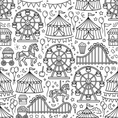 Step right up to a world of endless fun with this vibrant carnival seamless pattern coloring page. Immerse yourself in a festive scene filled with classic rides and circus delights, perfect for any celebration.