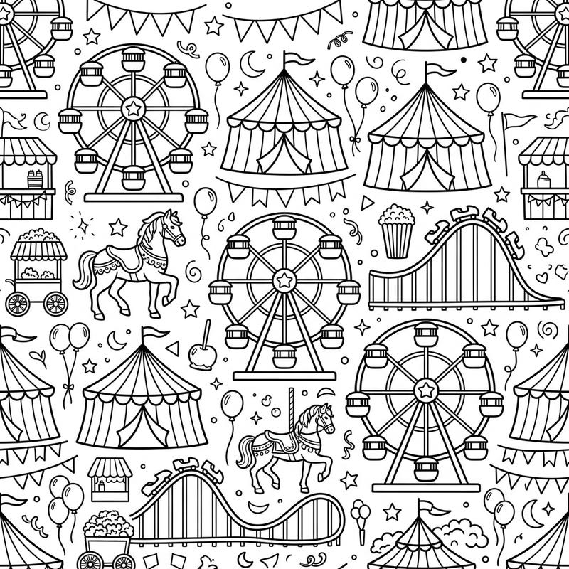 Step right up to a world of endless fun with this vibrant carnival seamless pattern coloring page. Immerse yourself in a festive scene filled with classic rides and circus delights, perfect for any celebration.