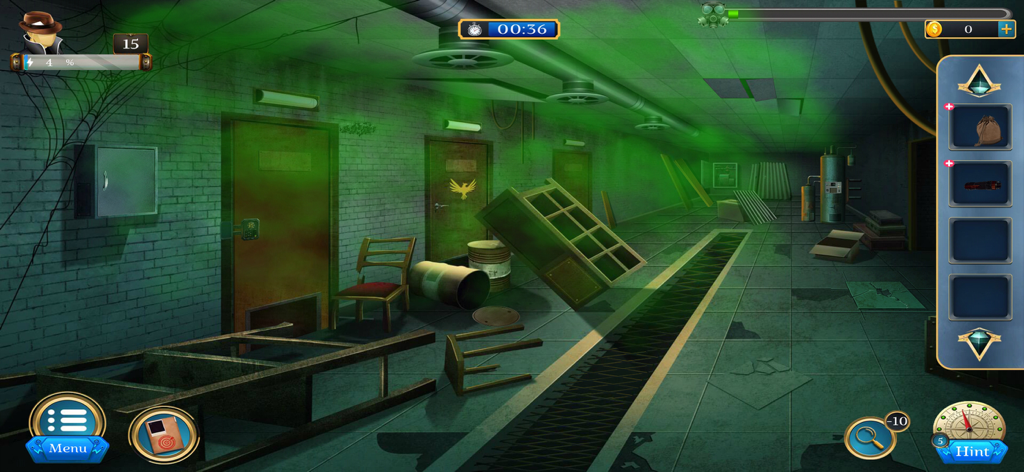 Room Escape: Detective Phantom - A detective investigating a dark corridor filled with toxic green gas and overturned furniture in Room Escape Detective Phantom.