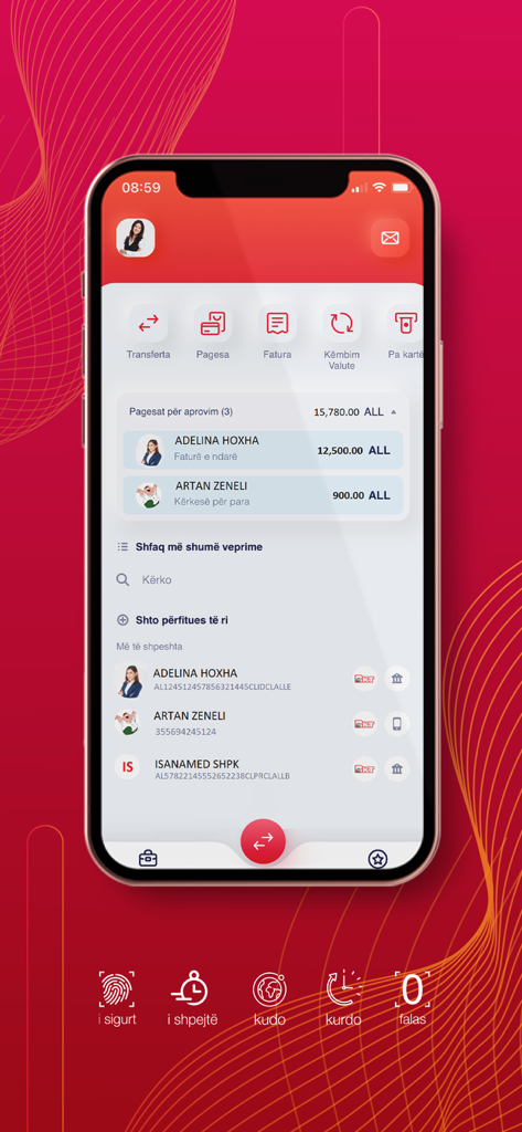 BKT Smart mobile banking interface showing payment transfers and account activity in Albanian