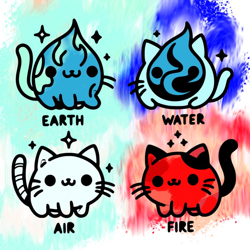4 cats that represent the different elements, earth, water, air, and fire