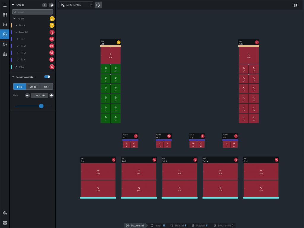 JBL Performance - Visual system design interface of the JBL Performance app showing speaker group layouts and signal generator settings on an iPad