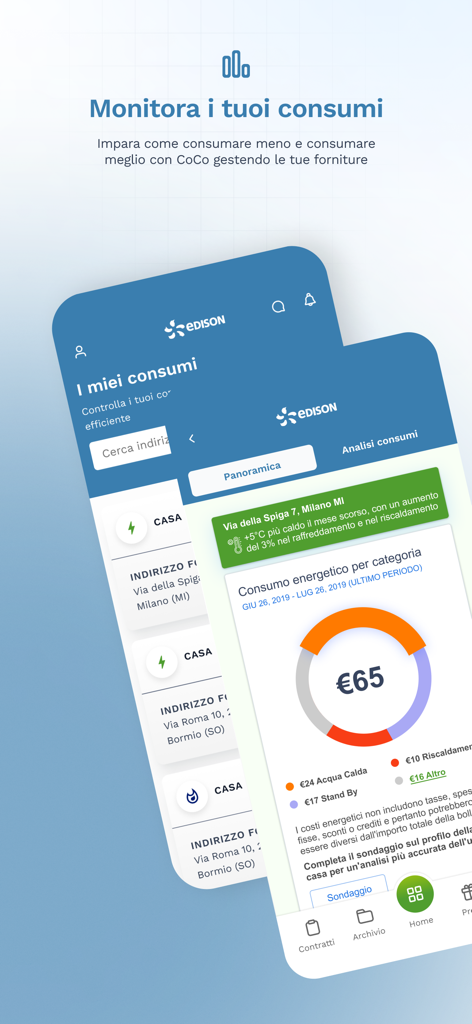 Interfaccia dell'app mobile My Edison che mostra il riepilogo del consumo energetico e i costi.