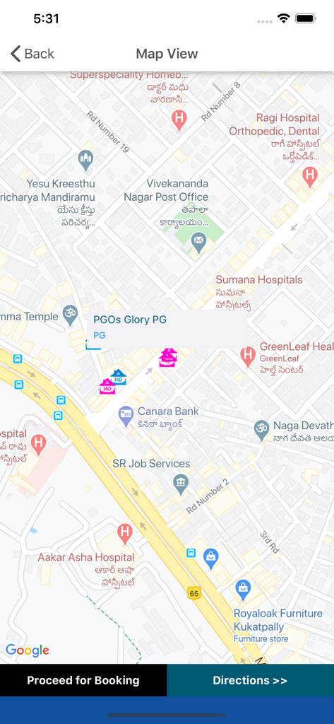PGO - Vista mappa nell'app PGO che mostra la posizione specifica di un alloggio per ospiti a pagamento con opzioni per procedere alla prenotazione o ottenere indicazioni stradali.