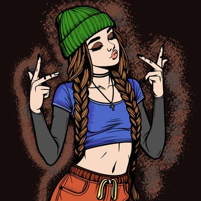 realistic teenage girl with braids and a beanie and crop top doing 🫶🏼