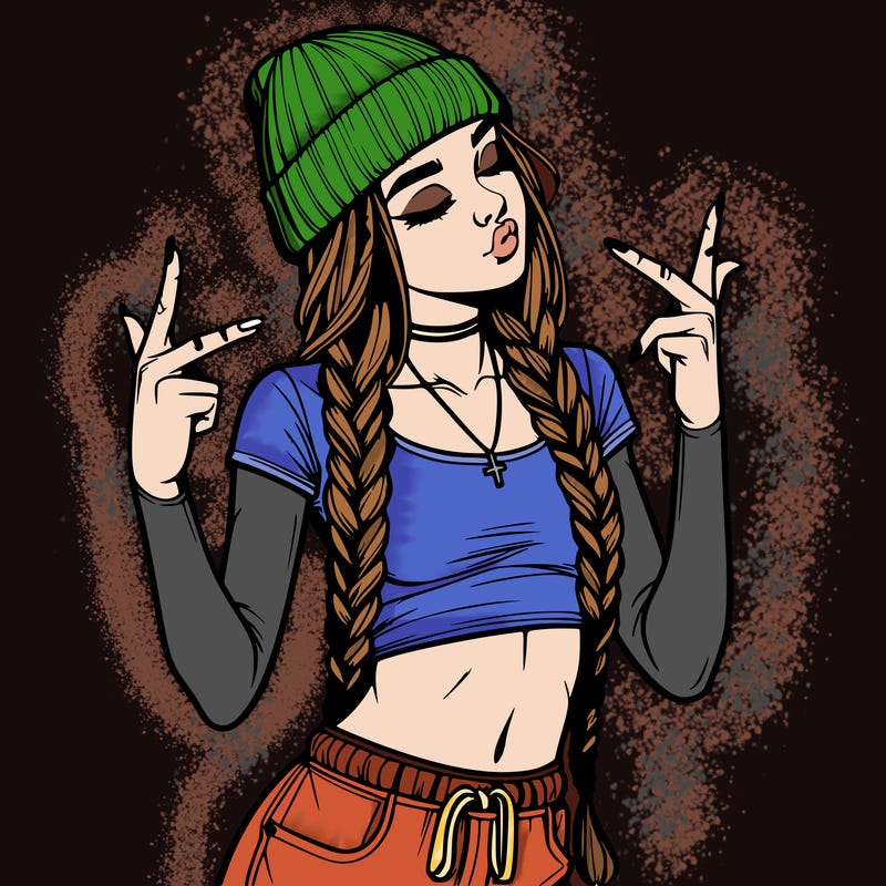 realistic teenage girl with braids and a beanie and crop top doing 🫶🏼
